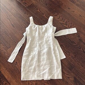 Pink Tartan White Linen Square-Neck Tie-Back Mini Dress